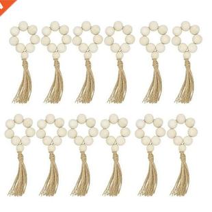 Napkn Rngs Farmhouse Wood Rustc Bead Tassels 12Pcs wth