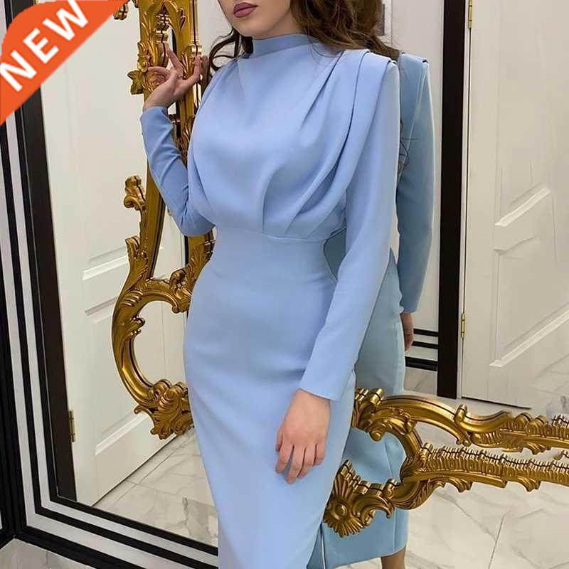 InstaHot Elegant Women Dress Stand Collar Slim Waist Solid B