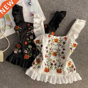 Embroidered crop tank top woman sleeveless camisole slim fi