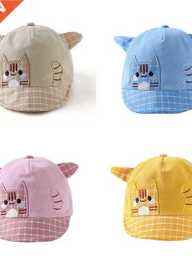 Cartoon Plaid Print Baby Baseball Cap Cute Cat Embroidery In