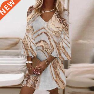 Fashion Women Flare Sleeve Dress Casual Floral Print Patchwo