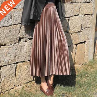 Skirt Long Autumn Velvet 2020 Pleated Gold Women