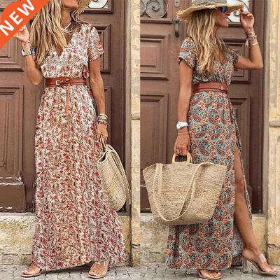 HOT SALE!! Boho Women V Neck Short Sleeve Paisley Print Belt