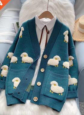 2021 Women Winter Knit Sweater Coat V Neck Sheep Cardigans C
