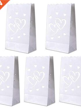 50 PCS White Luminary Bags With Hearts, Flame Resistant Cand
