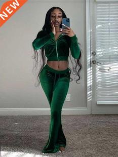 Two Piece Casual Solid Zipper Simple Velour Women Kliou Set