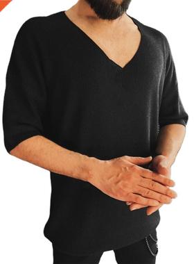 V Neck Men's T-Shirts Autumn Top Knitted Half Sleeve Solid C