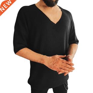 V Neck Men's T-Shirts Autumn Top Knitted Half Sleeve Solid C