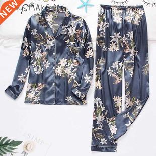 Spring Summer Women's Pijamas Silk Satin Pajamas Set Long Sl