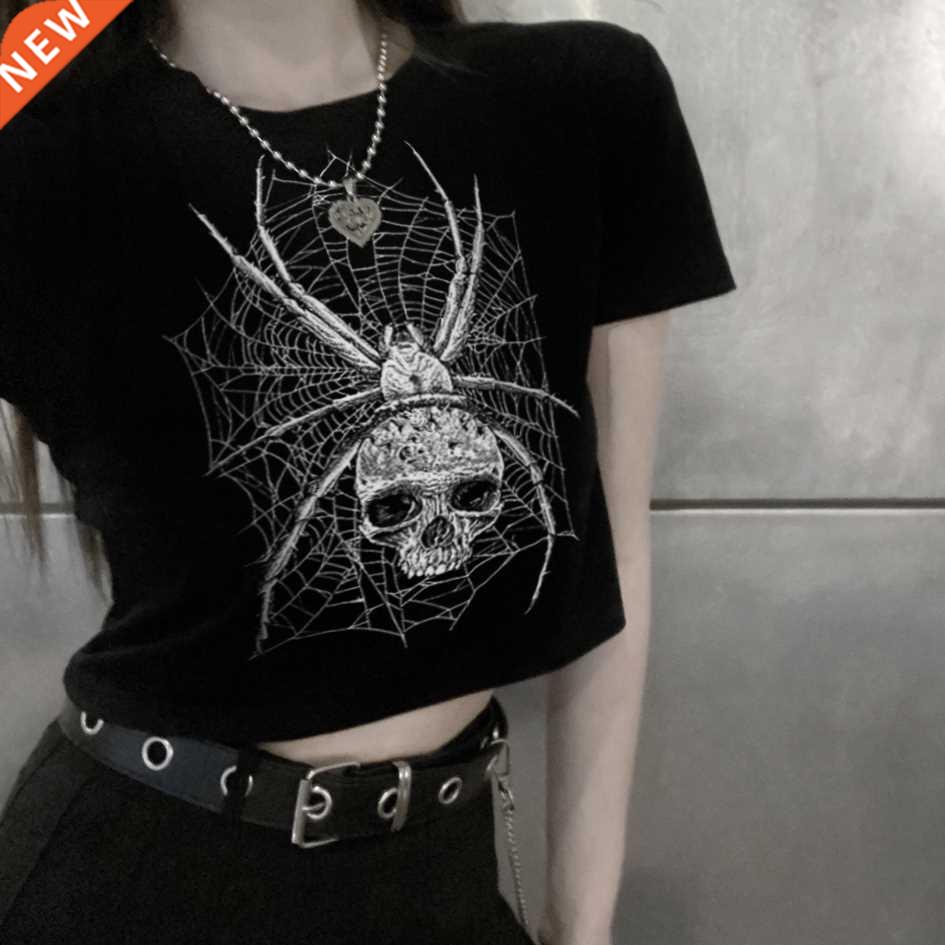 Grunge Drk Punk Skull Print Grphic T-Shirt Hrjuku Spider
