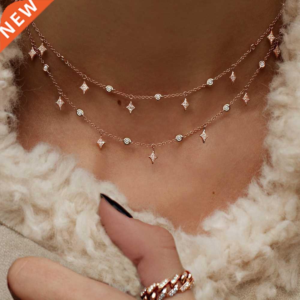 Dainty 925 Sterling Silver Cz White Round cate Layer Choker