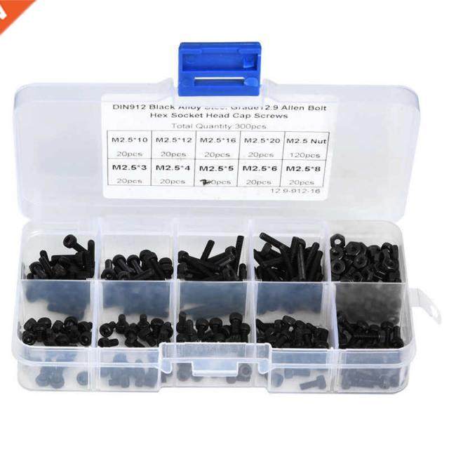 300pcs M2.5 x 3-20mm 12.9 Grade Black Alloy Steel Hex Socket