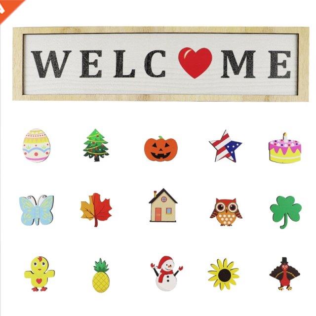 interchangeable rustic wooden front door greeting sign with