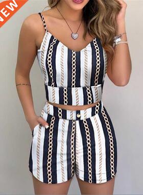 Summer Women Fashion 2-piece Outfit Set Sleeveless Print Top