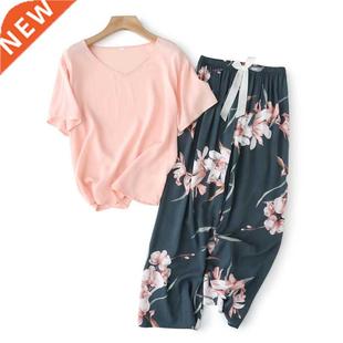 Breathable 2PCS Pajama Short Sleeve Printed Pijama Mujer Fem