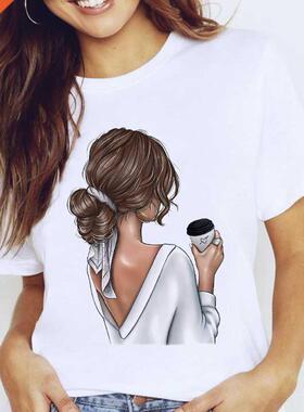Women Grphic Coffee Sweet Girl Crtoon Short Sleeve Spring