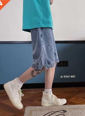 2021 Summer New Men's Loose Short Jeans Fashion Slit Decor D