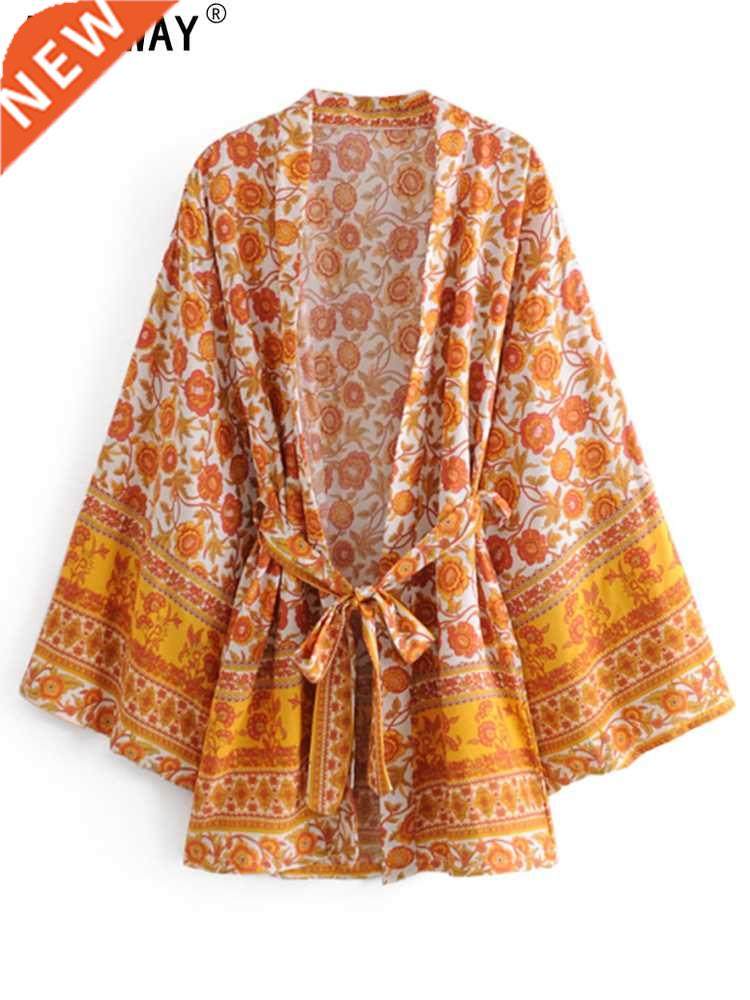 Yellow Floral Print Sashes Bohemian Short Kimino Dress for W