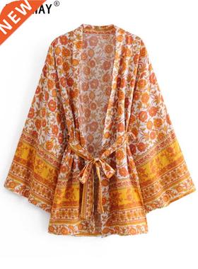 Yellow Floral Print Sashes Bohemian Short Kimino Dress for W
