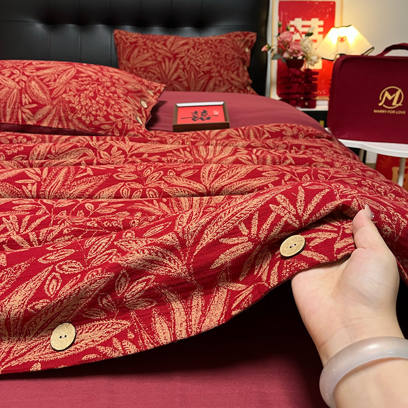 复古浪漫 提花婚庆四件套全棉纯棉喜字红色超柔色织结婚床上用品