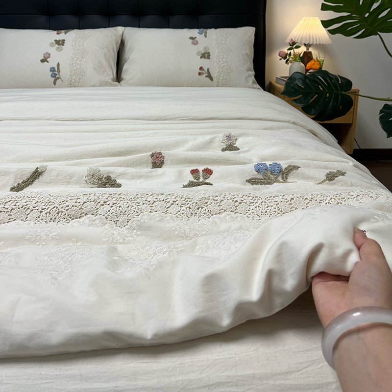 清新可人 小碎花棉麻春秋四件套毛巾绣花蕾丝花边全棉床上用品