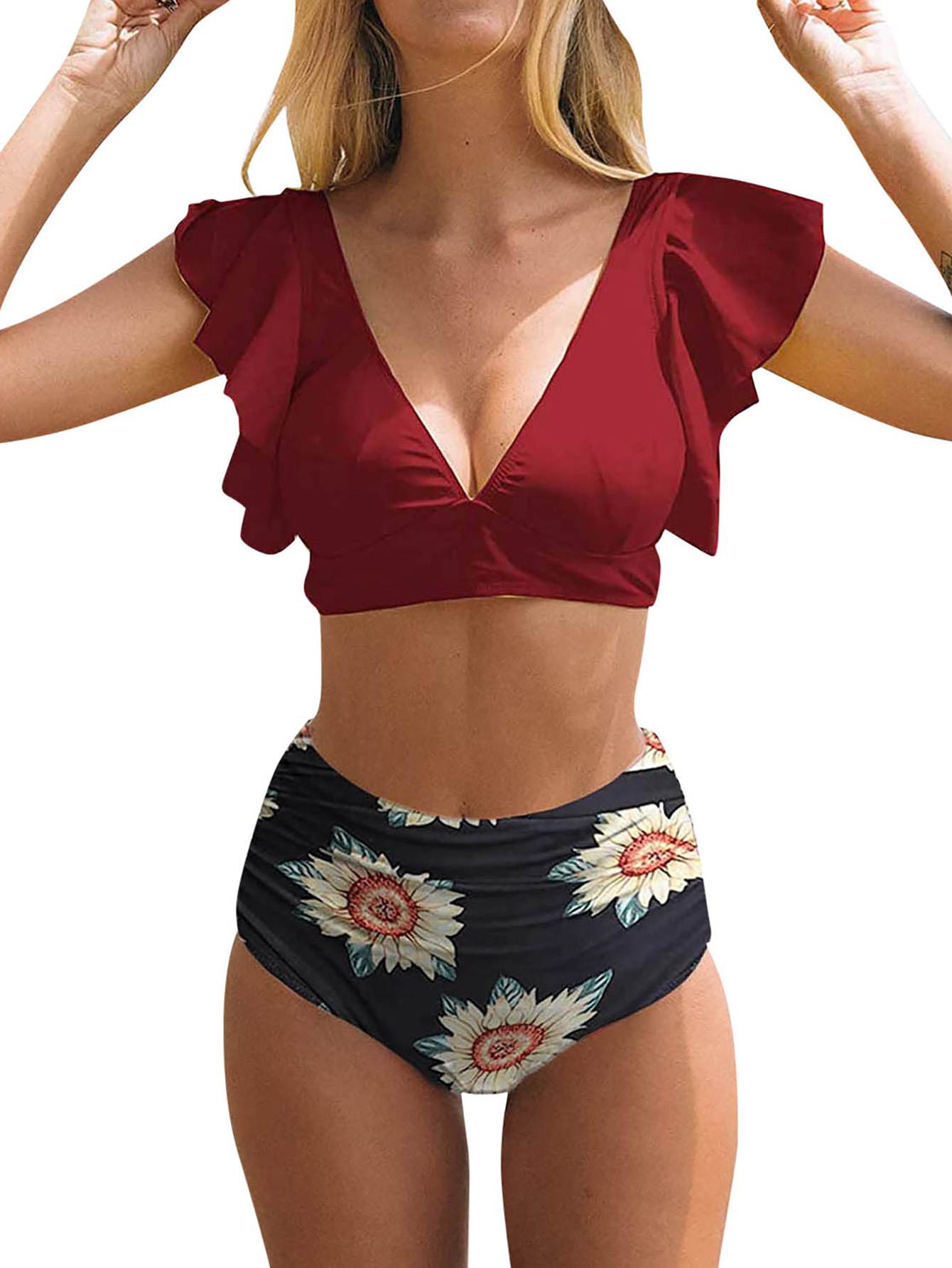 分体泳衣高腰比基尼多色女荷叶边泳装High waist Bikini Swimsuit