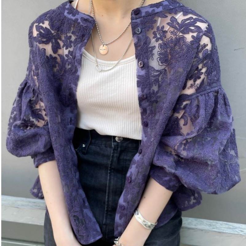 春秋新款日系女装夏季刺绣蕾丝灯笼袖衬衫两穿上衣外套唯美衬衣