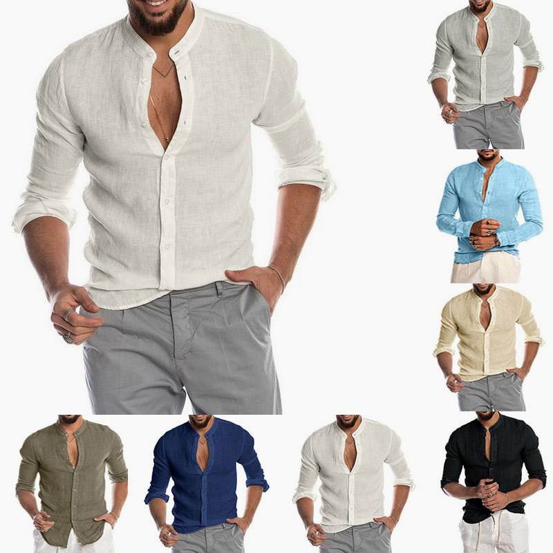2023亚马逊外贸秋冬V领亚麻开衫立领长袖男士衬衫shirts for men