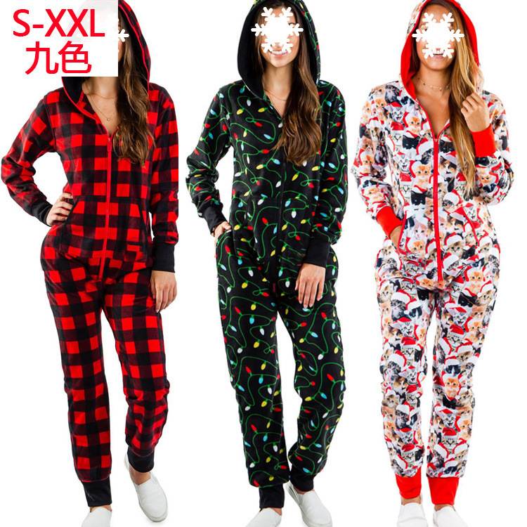 圣诞节连体裤条纹麋鹿印花连体家居服睡衣女士Christmas pajamas