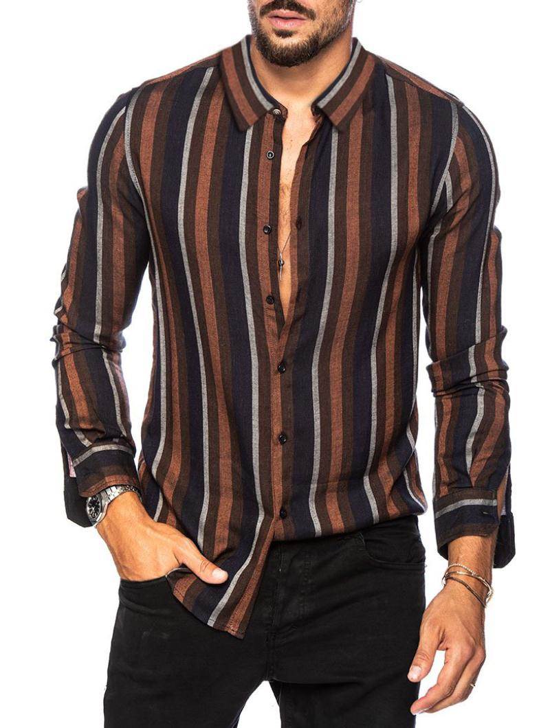 欧美新款男士条纹衬衫 修身多色翻领男百搭长袖衬衫shirt men。