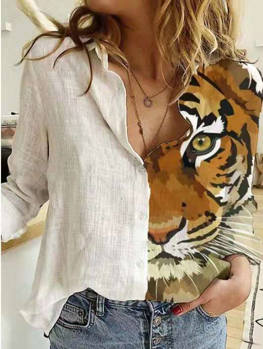 欧美秋季新品POLO领白色单排扣老虎头tiger印花长袖衬衫上衣shirt