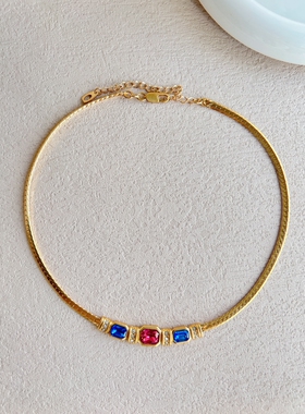 彩色琉璃水钻金色链条女中古项链