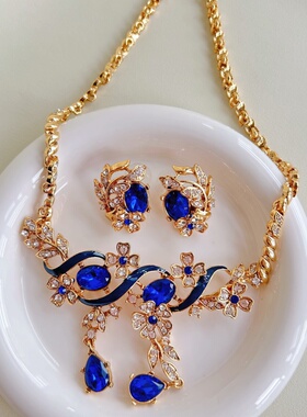 小众设计莱茵石雕花蓝色时尚项链