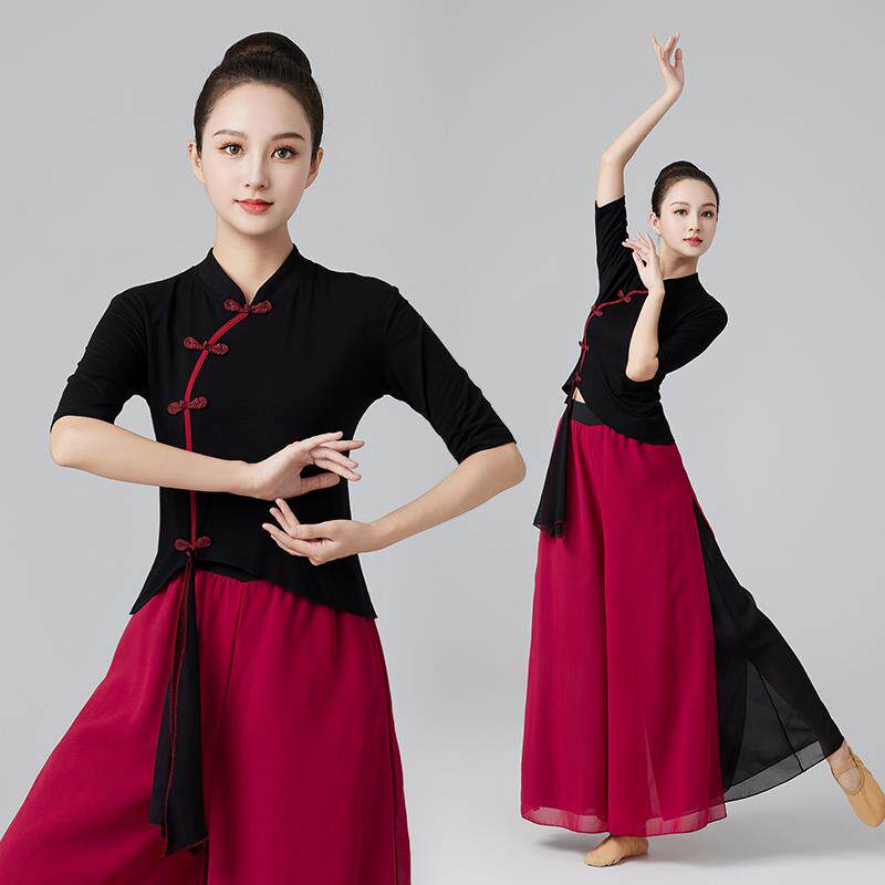 广场舞服装新款纯棉中袖上衣雪纺阔腿裤秧歌服女古典舞演出服飘逸