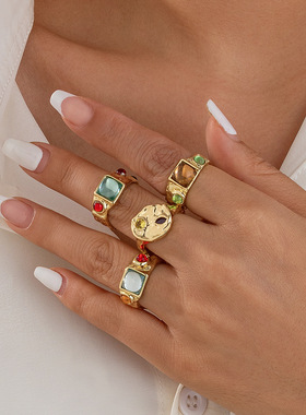 manjusaka闪耀欧美！时尚彩色镶嵌，几何宝石搭配高级感合金指环