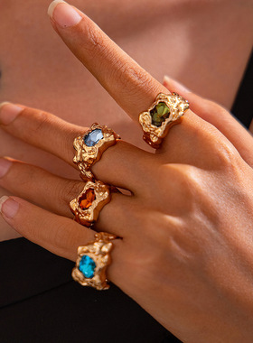 manjusaka欧美潮人！甜酷风复古戒指合金材质 + 个性几何宝石镶嵌