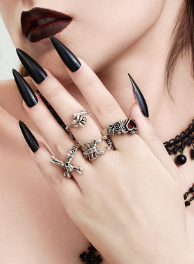 manjusaka欧美潮人！万圣节饰品，镶嵌宝石十字架骷髅 4 件套戒环