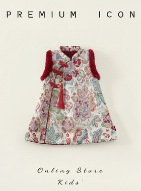 宝宝红色拜年服2025冬季新款儿童冬款夹棉保暖刺绣旗袍裙一件代发