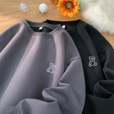 500g重磅硬挺大学生卫衣男款美式复古无帽圆领外套oversize情侣装