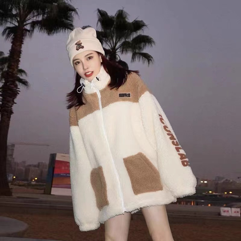 国潮刺绣小熊仿羊羔绒外