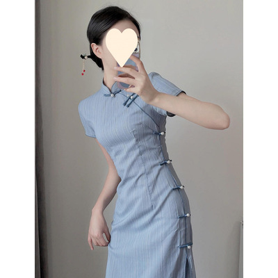 气质旗袍蓝色民国风2025新款改良夏季年轻款日常可穿素雅新中式女