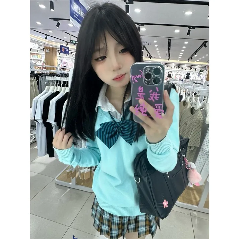 秋冬季新款日系毛衣套头针织衫v领学院风长袖百搭樱花妹校供上衣