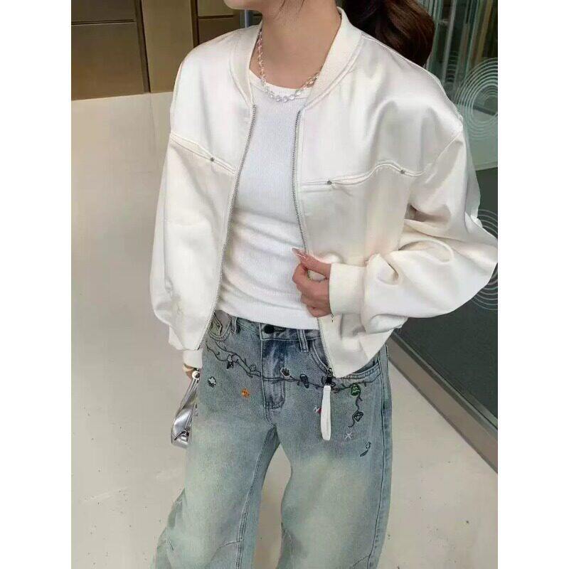 欧货高端时尚宽松休闲机车缎面外套女2026春季新款小个子短款夹克