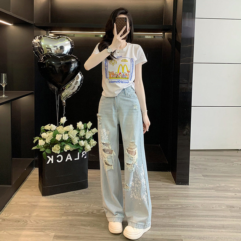 一整套ootd穿搭女夏季时尚减龄白色短袖T恤破洞阔腿牛仔裤两件套