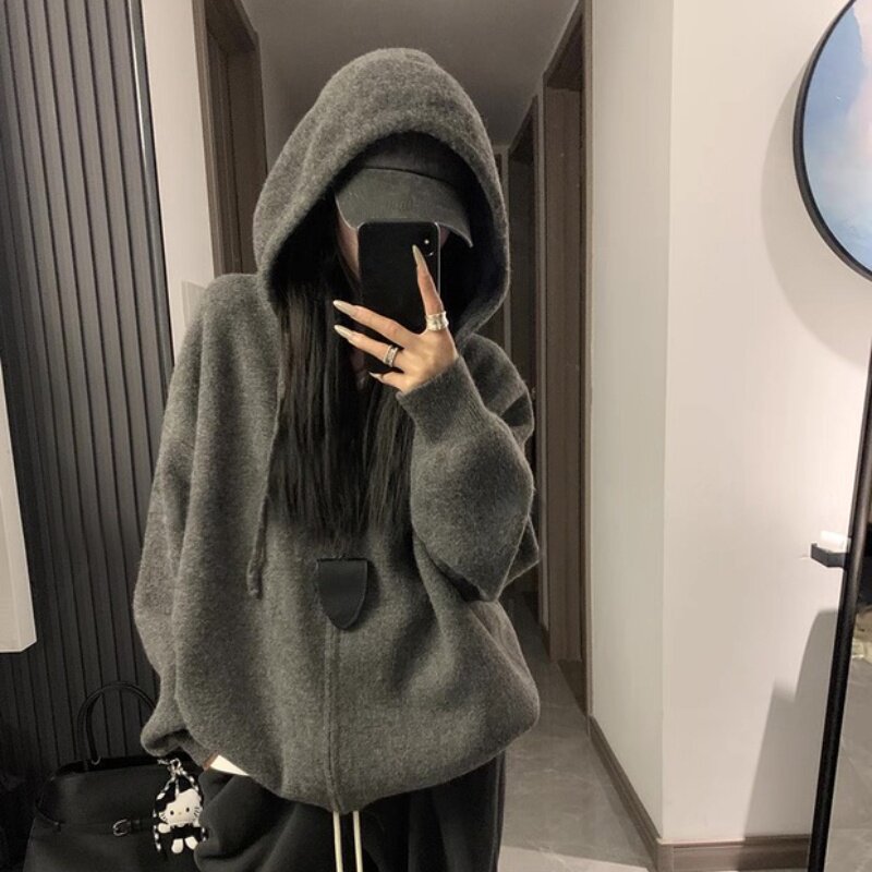 新款超火韩系丝光羊毛衫连帽拉链毛衣女款春装独特超好看百搭外套