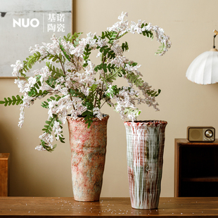 景德镇高级感陶瓷花瓶长枝干花家居客厅落地陶罐摆件干插花仿真花