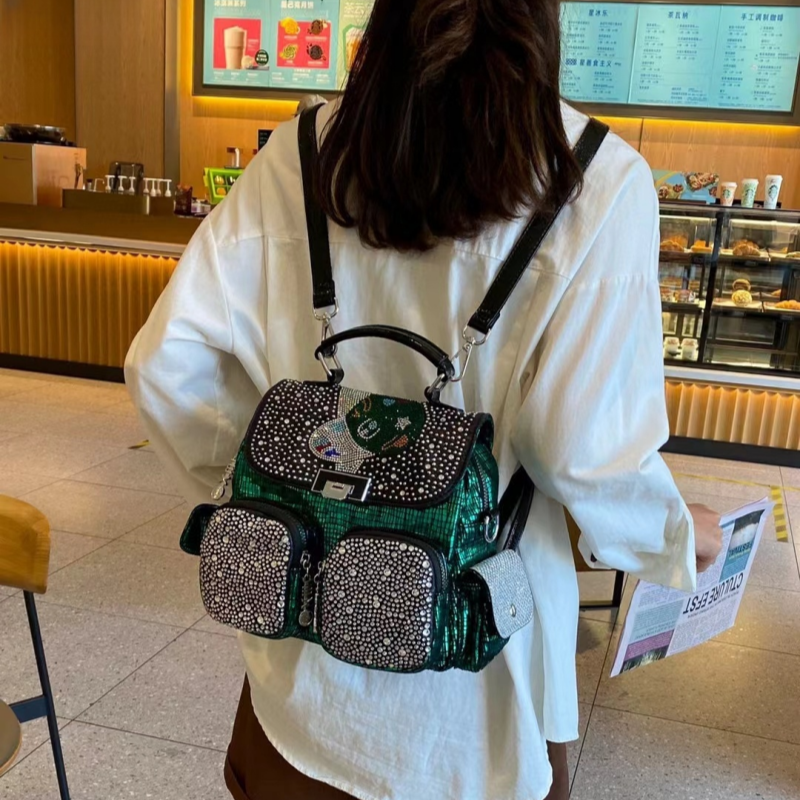 超火镶钻软皮双肩包女2025新款重工打造高温烫钻时尚高级质感背包