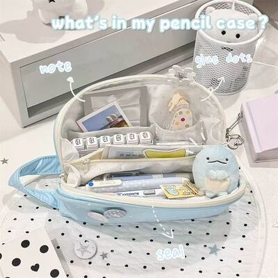 学生韩系蓝白波点贝壳手提式笔袋