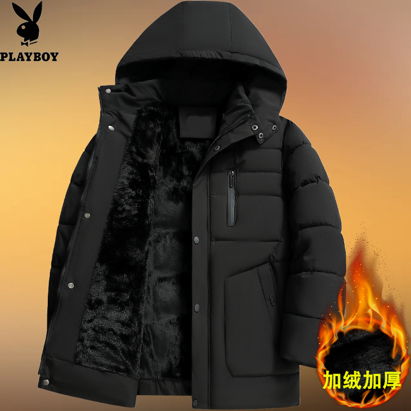 花花公子冬季加绒连帽棉衣外套