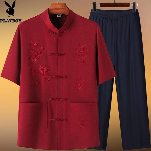 花花公子夏季短袖唐装套装